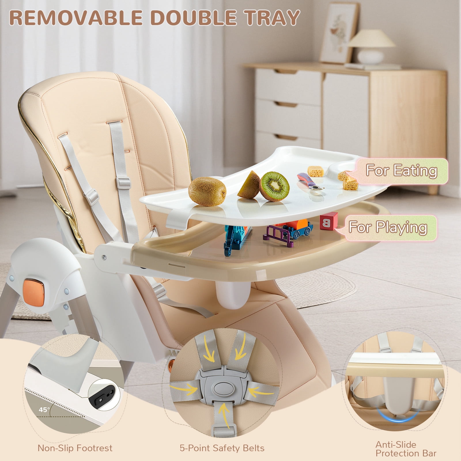 Ktaxon Baby High Chair, Convertible 6 in 1 Baby Highchair with Swing Function for Babies and Toddlers, with 5-Point Safety Harness, Adjustable Dining Tray, Backrest, Footrest & Height, Beige