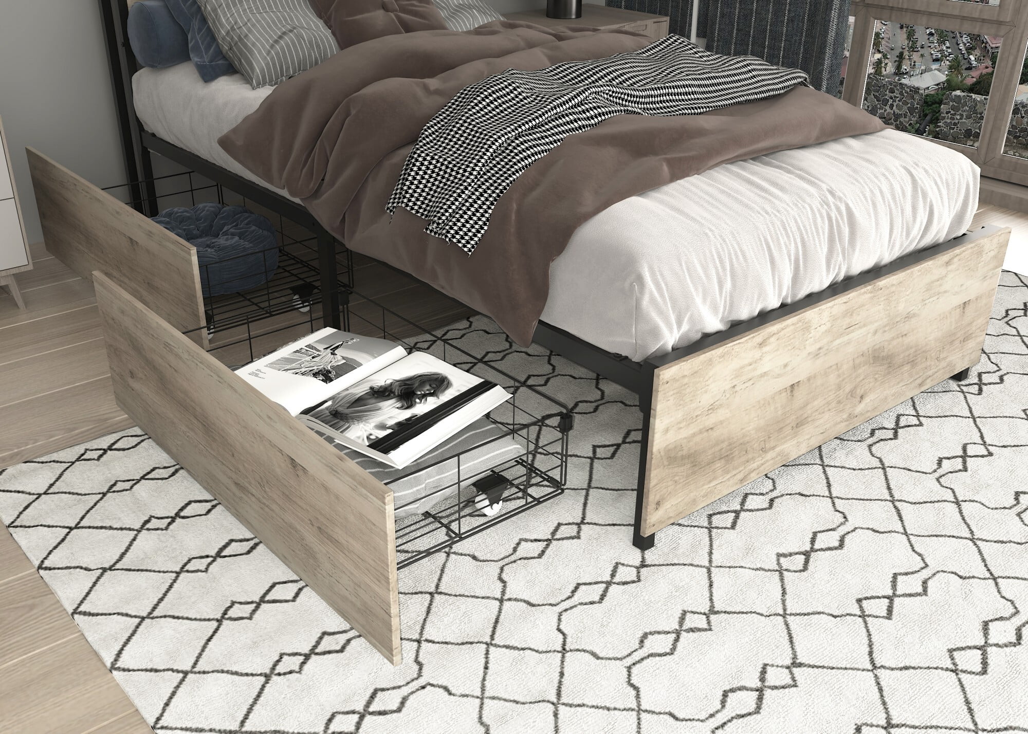 AENKYO Twin Size Bed Frame with 4 Storage Drawers, Headboard with Charging Station, RGB LED Lights, Wash Gray
