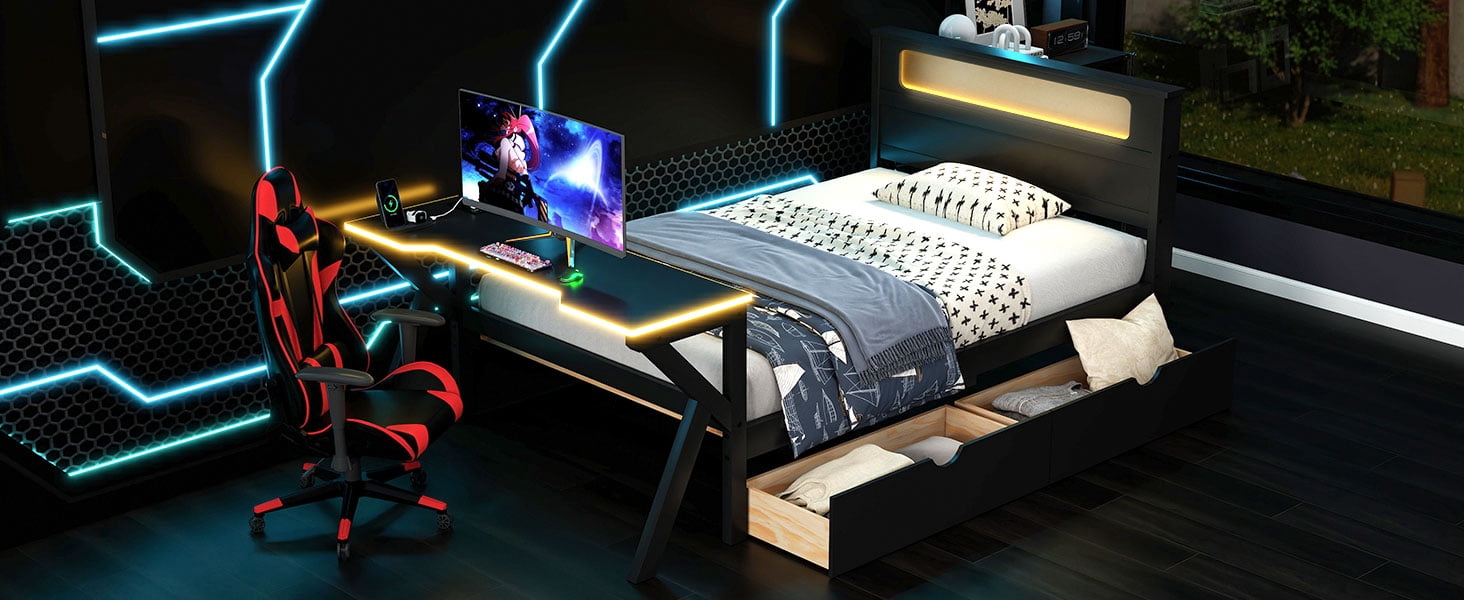 Mintazer Gaming Bed with Desk & Charging Station, Twin Platform Bed with 2 Storage Drawers & LED Lighting Dorm Bedroom, Black