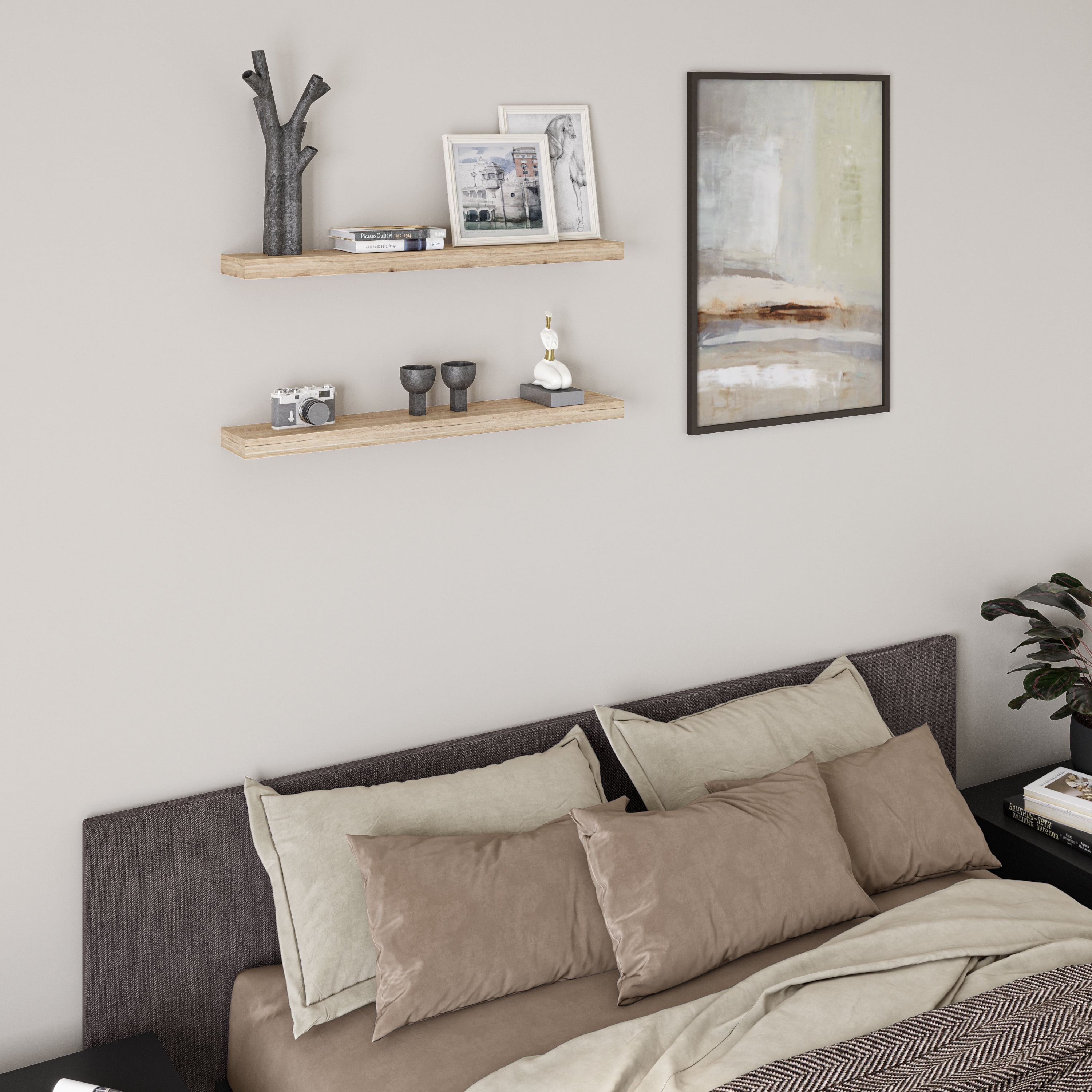 Ballucci 36" Floating Shelves, 2-Pack Wood Wall Shelf Set with Invisible Brackets, 6" Deep, Oak Finish