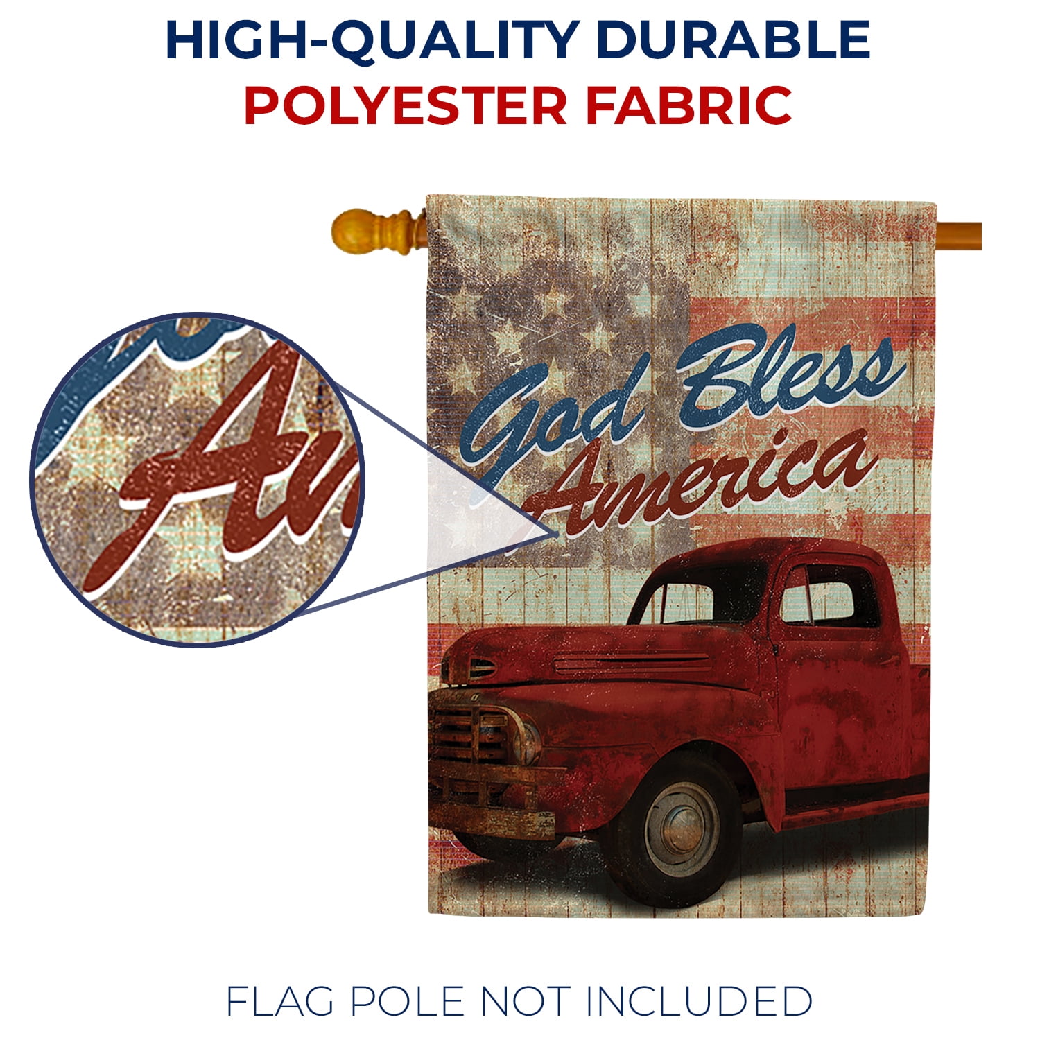 America Forever God Bless America Red Truck House Flag, 28 x 40 inch Double Sided, Patriotic Banner, Pickup Wooden USA Painted Vintage Outdoor Decor, Country Yard Flag