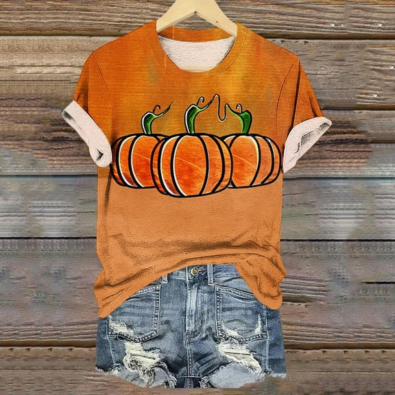VKOYWKM Women's Funny Thanksgiving Shirts Short Sleeve Fall T-Shirts Pumpkin Graphic Tees Cute Crew Neck Thankful Grateful Blessed T-Shirts Fall Top