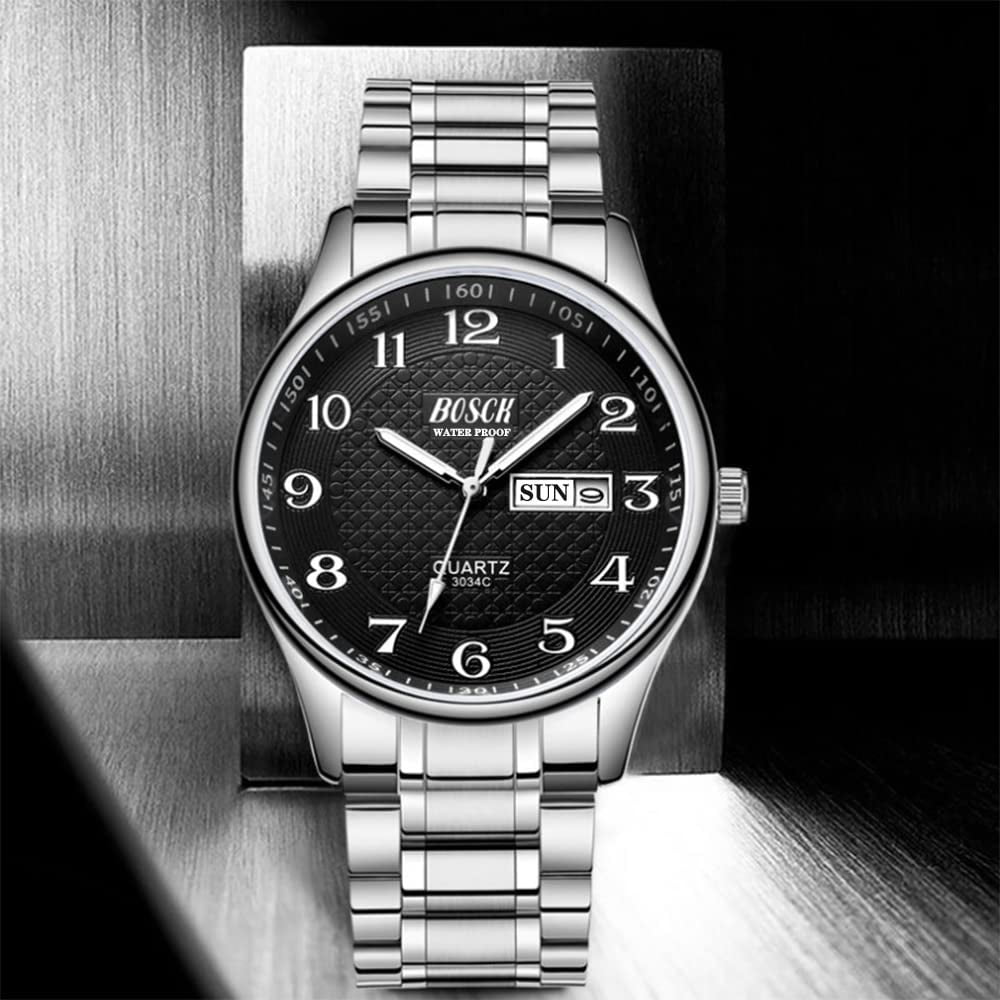 BOSCK Analog Mens Watch 40mm Easy Read Auto Date and Day