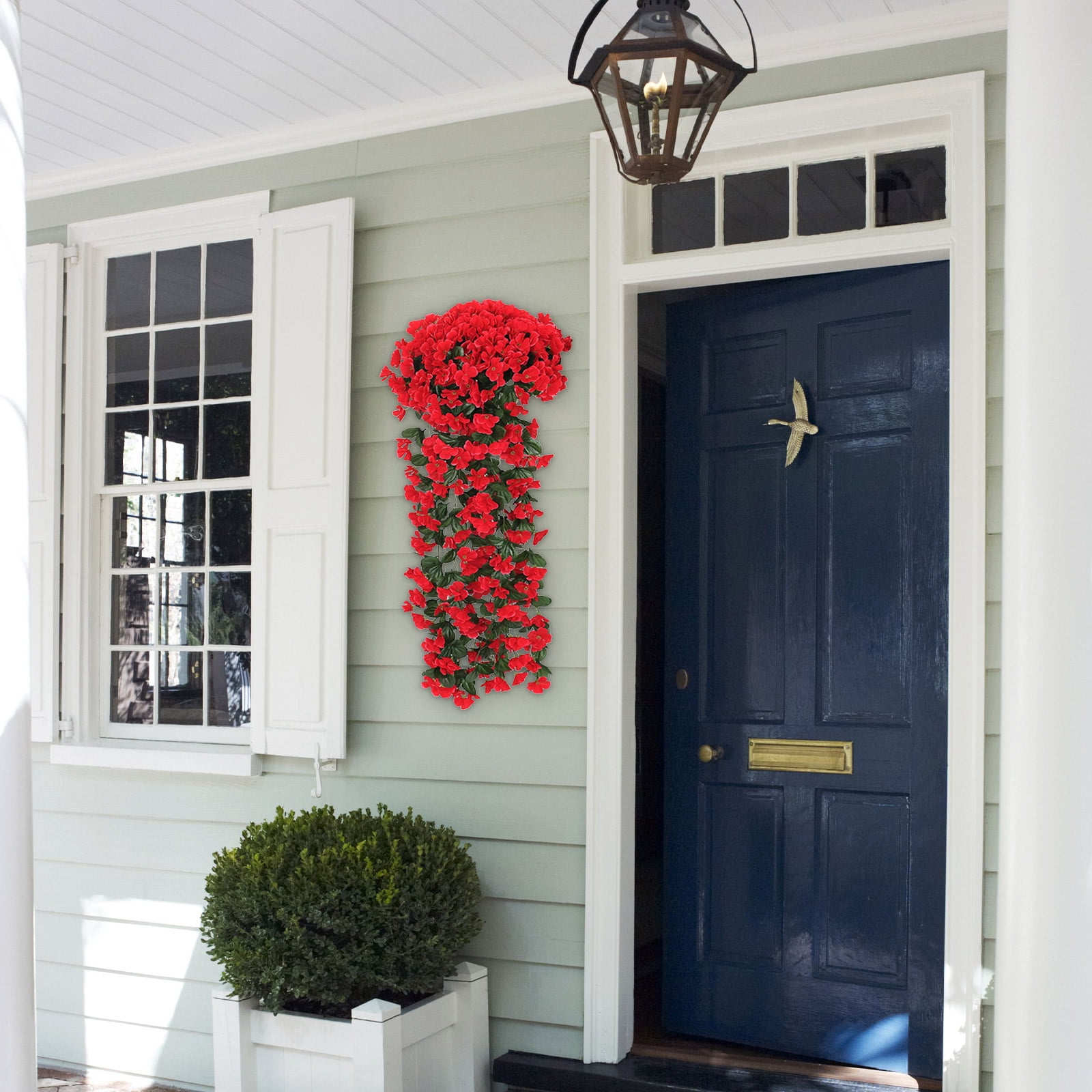 1pcs Artificial Hanging Flowers Outdoor Faux Plants Spring Decor Fake Mums Violets with Eucalyptus Realistic UV Resistant Trailing Vines Porch Yard Indoor Five-petal