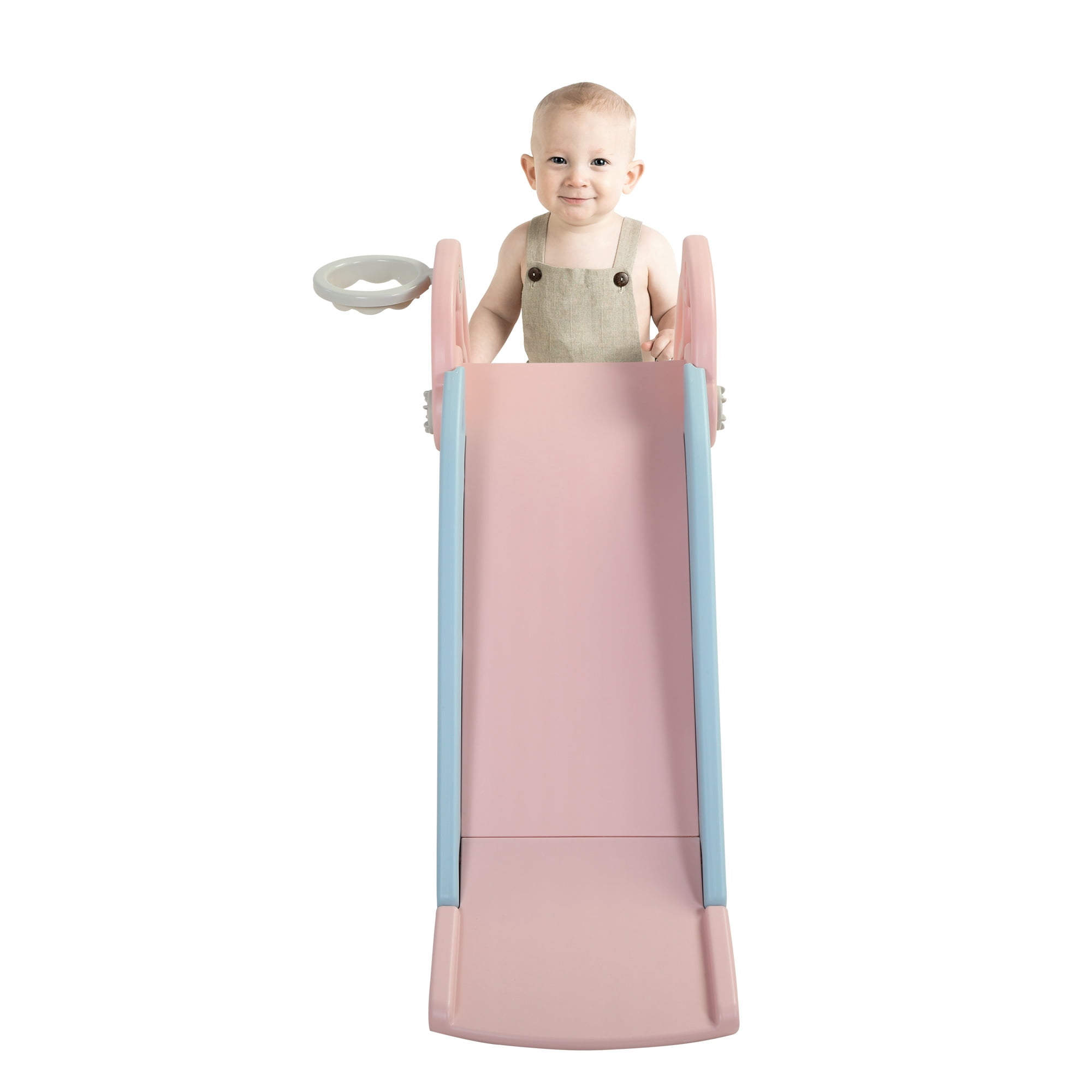 2 in 1 Slide, Toddler Freestanding Extra Long Slide with Basketball Hoop & Ball for Baby Playing IndoorOutdoor, Easy Assembly, Pink