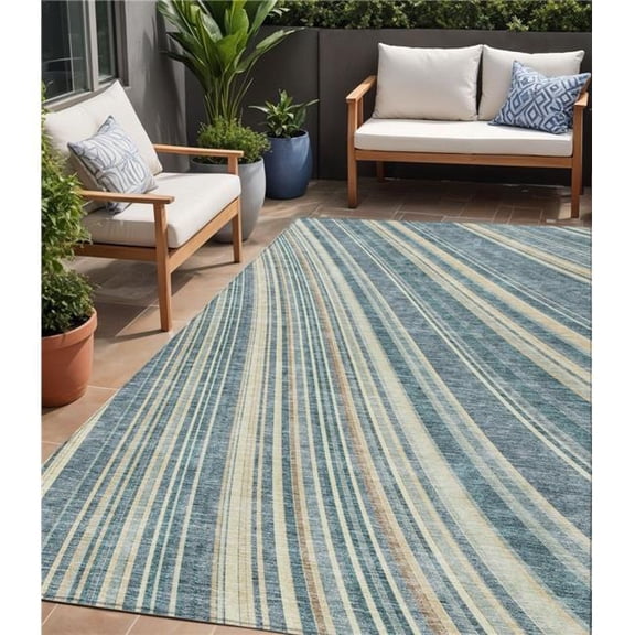 HomeRoots 615008 5 x 8 ft. Sky Blue Beige & Tan Striped Washable Indoor & Outdoor Rectangle Area Rug
