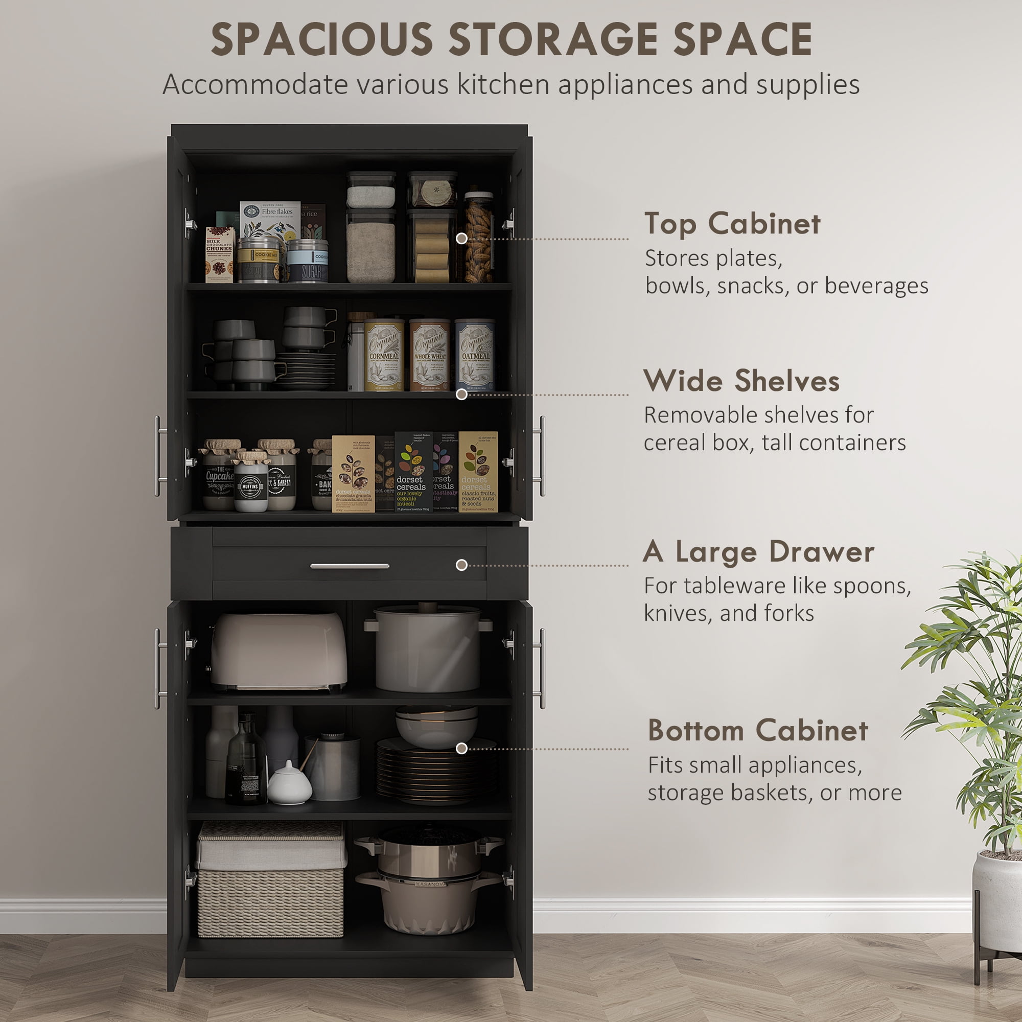 HOMCOM Tall Kitchen Pantry Freestanding Cabinet Cupboard with Doors and Drawer, Adjustable Shelving, Black