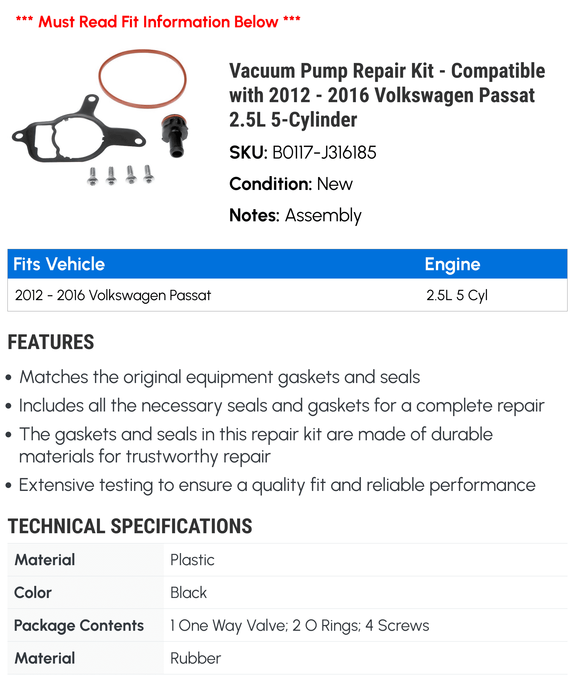Vacuum Pump Repair Kit - Compatible with 2012 - 2016 Volkswagen Passat 2.5L 5-Cylinder 2013 2014 2015