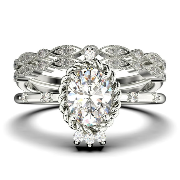 Dazzling Art nouvea 2.50 Carat Oval Cut Diamond Moissanite Engagement Ring, Wedding Ring in 925 Sterling Silver With 18k White Gold Plating, Compass Ring, Trio Set, Matching Band