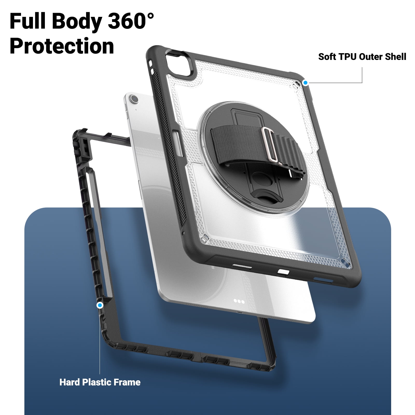 ELEHOLD Case for Apple iPad Air 13 (2024),Soft TPU Rugged Durable Case with 360° Rotating Hand Strap & Foldable Hidden Stand & Pencil Holder,Clear