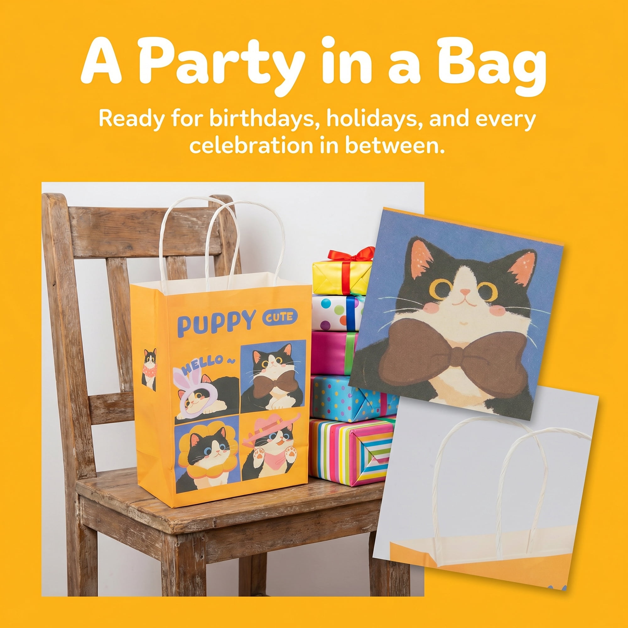 Unique Bargains Cartoon Gift Bags with Handles for Occasions Yellow Cat 5.9" x 3.1" x 8.3"