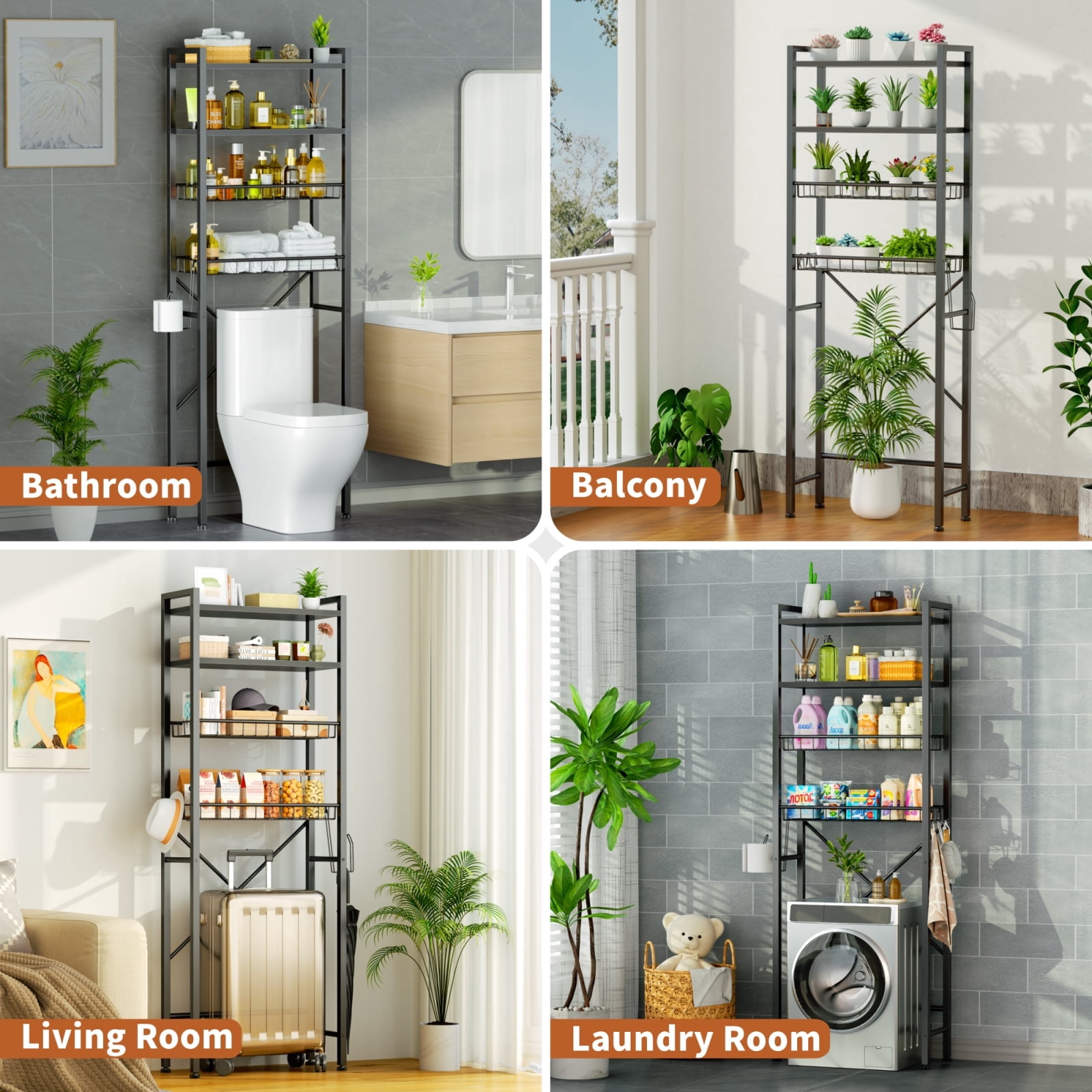 Capri Over The Toilet Storage, 4-Tier Freestanding Bathroom Shelf, above Toilet Space Saver Rack, Black