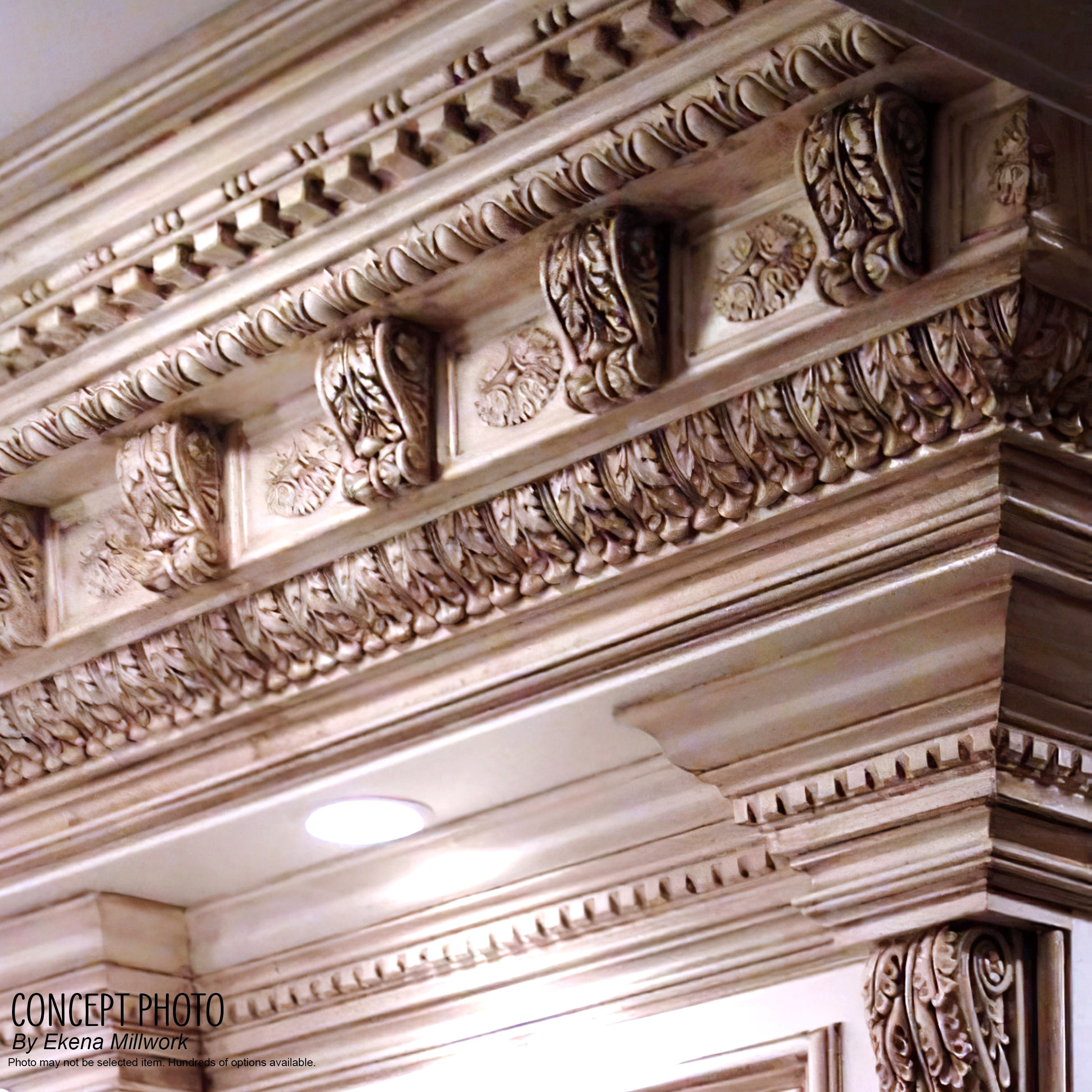 2 1/8"H x 2 3/8"P x 3 1/4"F x 94 1/2"L Acanthus Leaf Carved Wood Crown Moulding, Maple