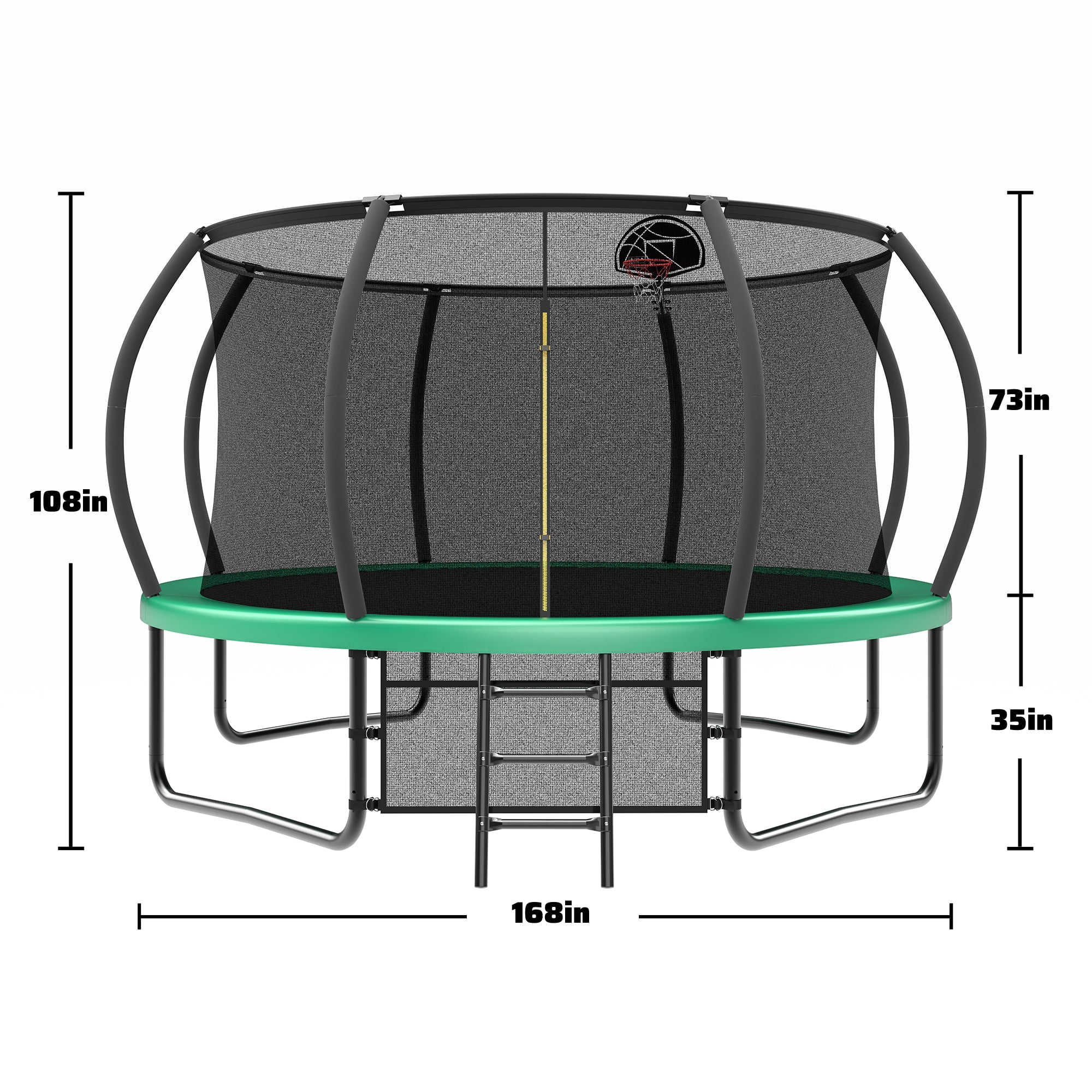 Leumius 14FT Trampoline with Basketball Hoop,Outdoor Pumpkin Recreational Trampolines with Ladder,Heavy-Duty Trampoline with Safety Enclosure for Kids and Adults,Green