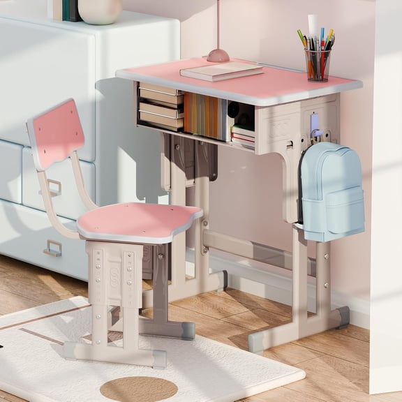 Adjustable Kids Study Table and Chair Set with Bookshelf, Drawer, and Hooks (Pink)