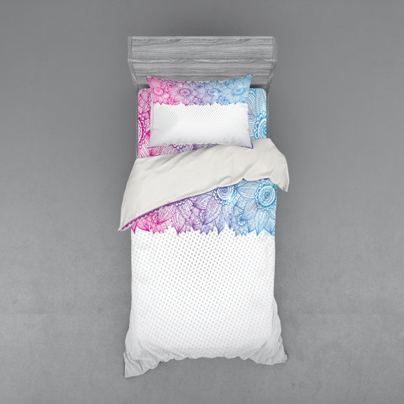 Mandala Duvet Cover Set, Far Eastern Sunflower Paisley Leaf Ornaments on Dots, Bedding Set with Shams and Fitted Sheet, 3 Sizes, by Ambesonne