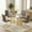 Table with 4 Dark Gray Chairs Gold Leg, variant on Sumdeal Modern 5-Piece Light Luxury Dining Set, 71" Oval Tempered Glass Table with Silver Double Pedestal Base & 4 Grey PU Leather High-Back Chairs, Kitchen