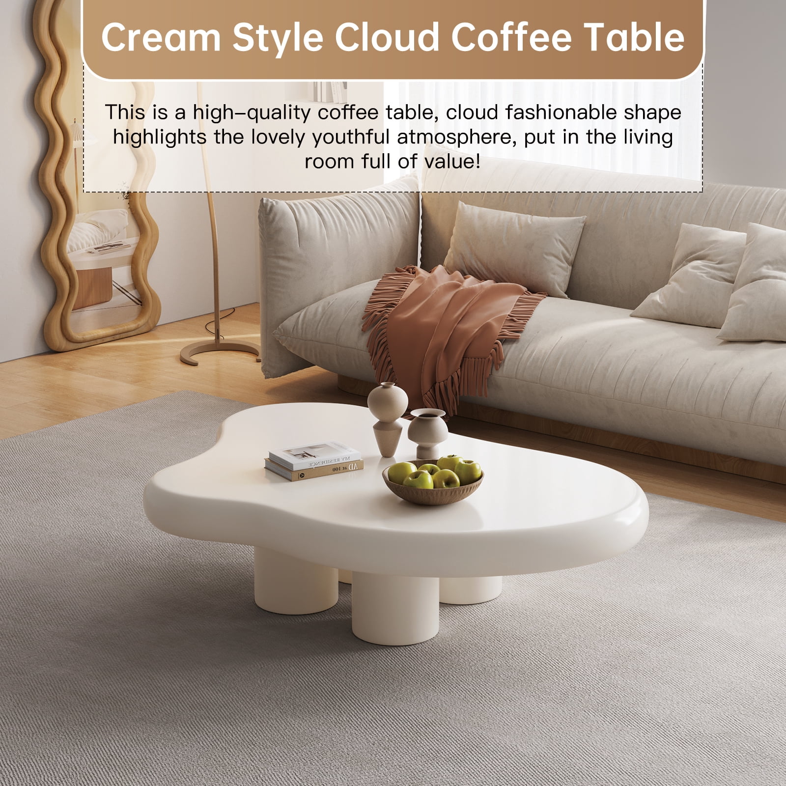 Guyii 41.02'' Cloud-Shaped Coffee Table with 4 Legs, Modern Wood Coffee Table for Living Room, Apartment, Cream White