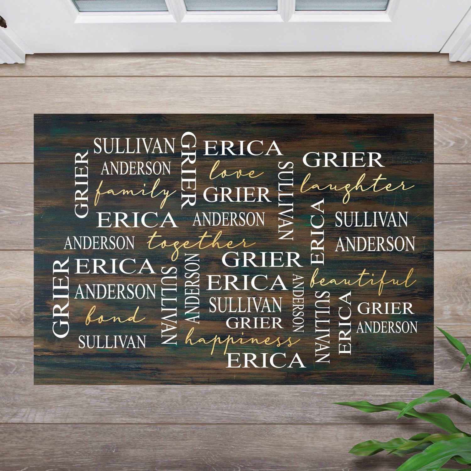 Personalized Planet 27x18 Love Laughter Beautiful Together Happiness Family of 4 Doormat with Custom Names Printed on Brown Rectangular 1/4” Thick Non Slip Mat for Kitchen Hallway Deck or Porch