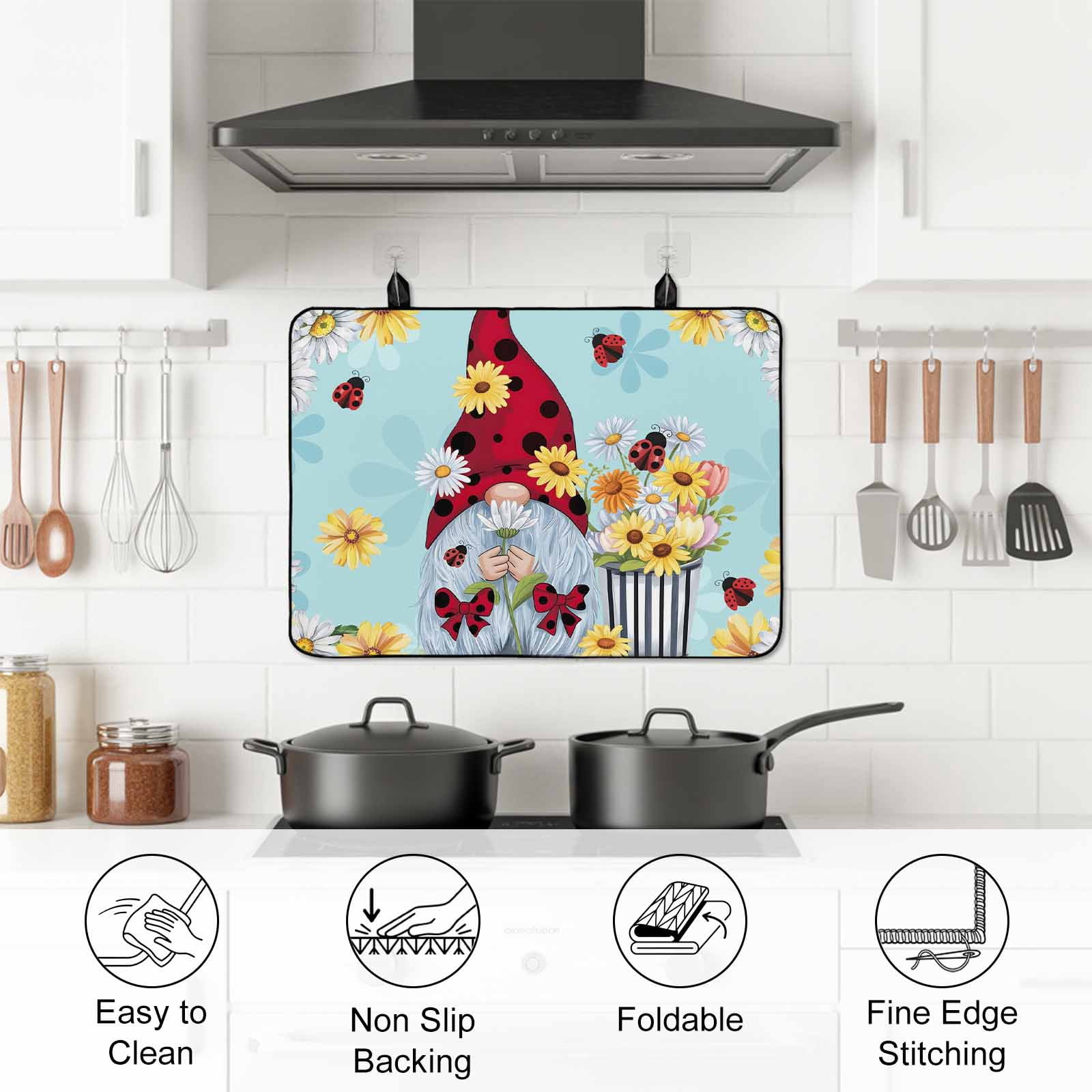 Aqua Gnomes Daisy Stove Top Cover for Electric Stove, Heat-proof & Non Slip Glass Top Stove Cover Protector, Pastoral Country Garden Floral Kitchen Flat Cooktop Rubber Mat 24x21 Inches