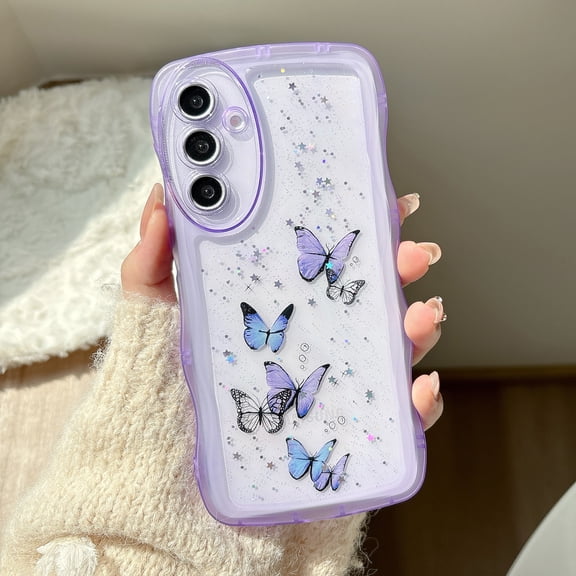 Butterfly Case For Samsung Galaxy S22 Plus, Cute Aesthetic Wavy Curly Frame, Glitter Bling Sparkle Clear Rubber Cover, Shockproof Protective Hybrid Soft TPU Slim Shell for Women Girls,Purple