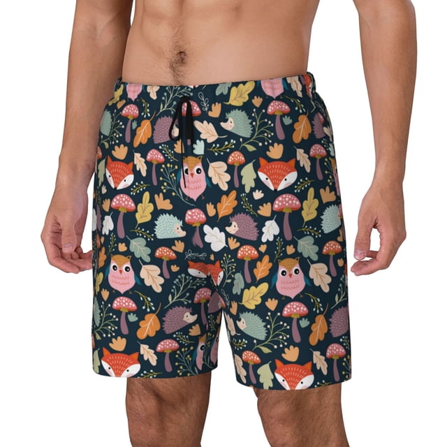Gaeub Autumn Fox Owl Print Mens Swim Trunks with Compression Liner,Board Shorts Quick Dry,Beach Swimwear with Pockets-3X-Large