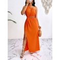 thumbnail image 6 of Coral Orange Asymmetrical One Shoulder Cutout Maxi Dress With Thigh Split And Drawstring Waist, 6 of 6