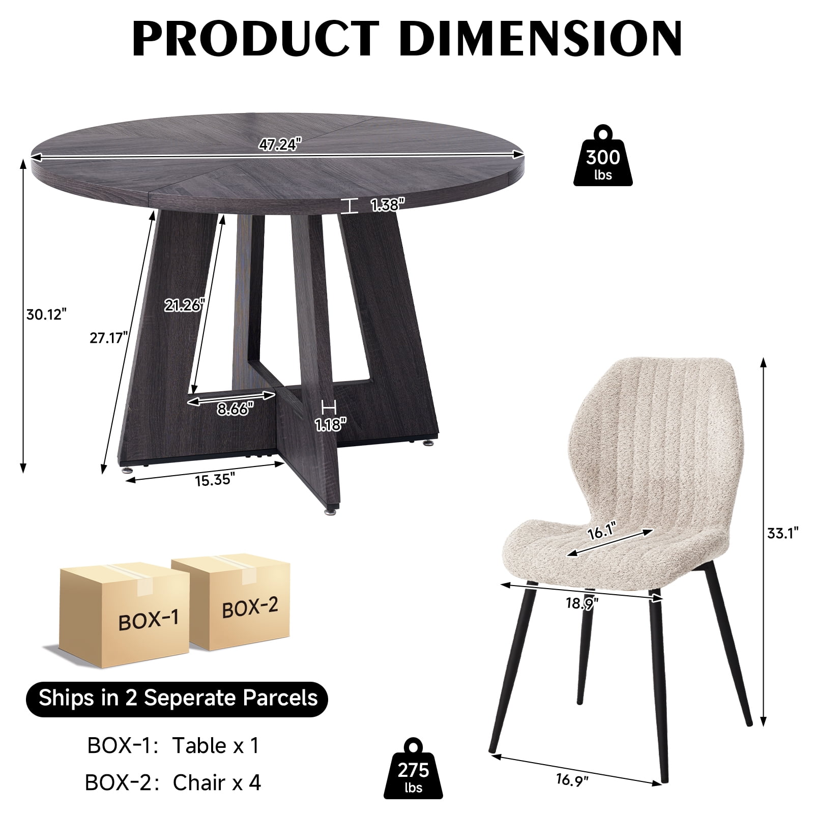 5 Piece 47'' Round Dining Table Chairs Set for 4, Farmhouse Gray Kitchen Table with 4 Boucle Mid Century Modern Dinning Room Chairs, Wood Dinner Table &Upholstered Chair Set of 4, Beige