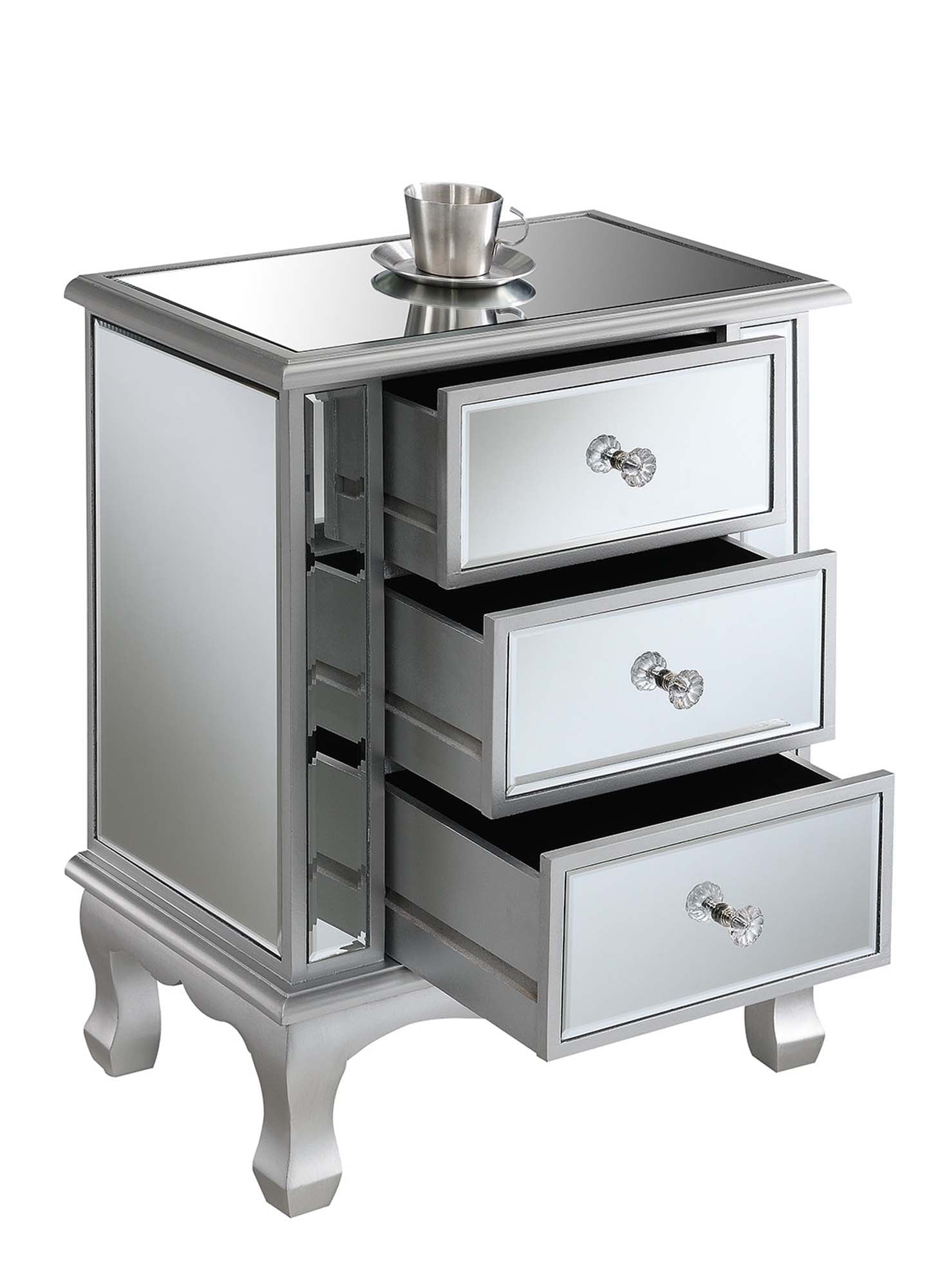 Convenience Concepts Gold Coast Collection 3-Drawer Mirrored End Table Weathered White//Mirror 413359WW