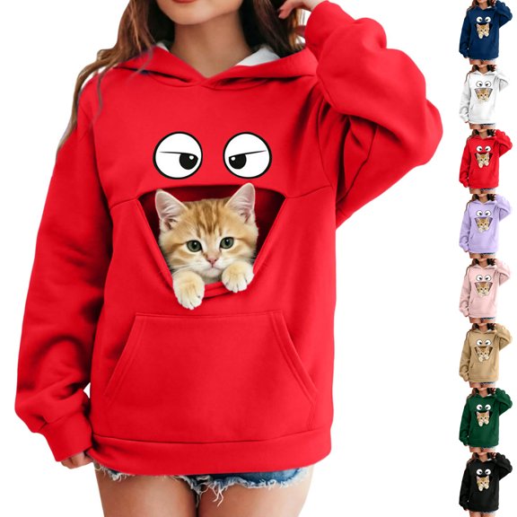 Sweatshirt With Cat Pouch Kids Girls Sweaters Pullover Casual Long Sleeve Animal Cuddle Pouch Hoodie Winter Clothes Holder Girls Hooded Sweatshirt