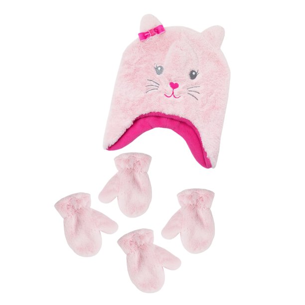 Wonder Nation Infant Toddler Girls Cat Critter Hat and 2 Pair Mitten