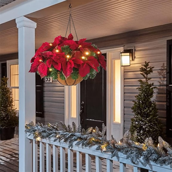 Pre Lit Christmas Hanging Basket 17.7in Artificial Poinsettia Christmas Flower Hanging Planter with Lights Faux Hanging Christmas Potted Basket with Pine Picks for Outdoors Indoor Holiday