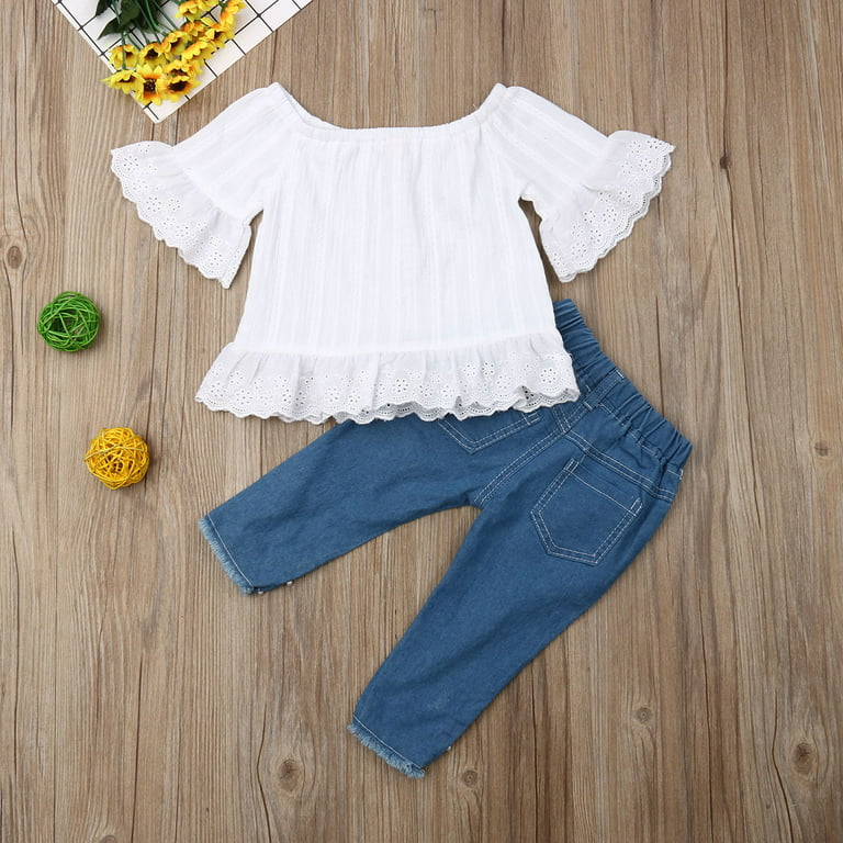Toddler Kids Baby Girls Tops T-shirt Denim Hot Pants Jeans Outfit Clothes  Set White 4-5 Years 
