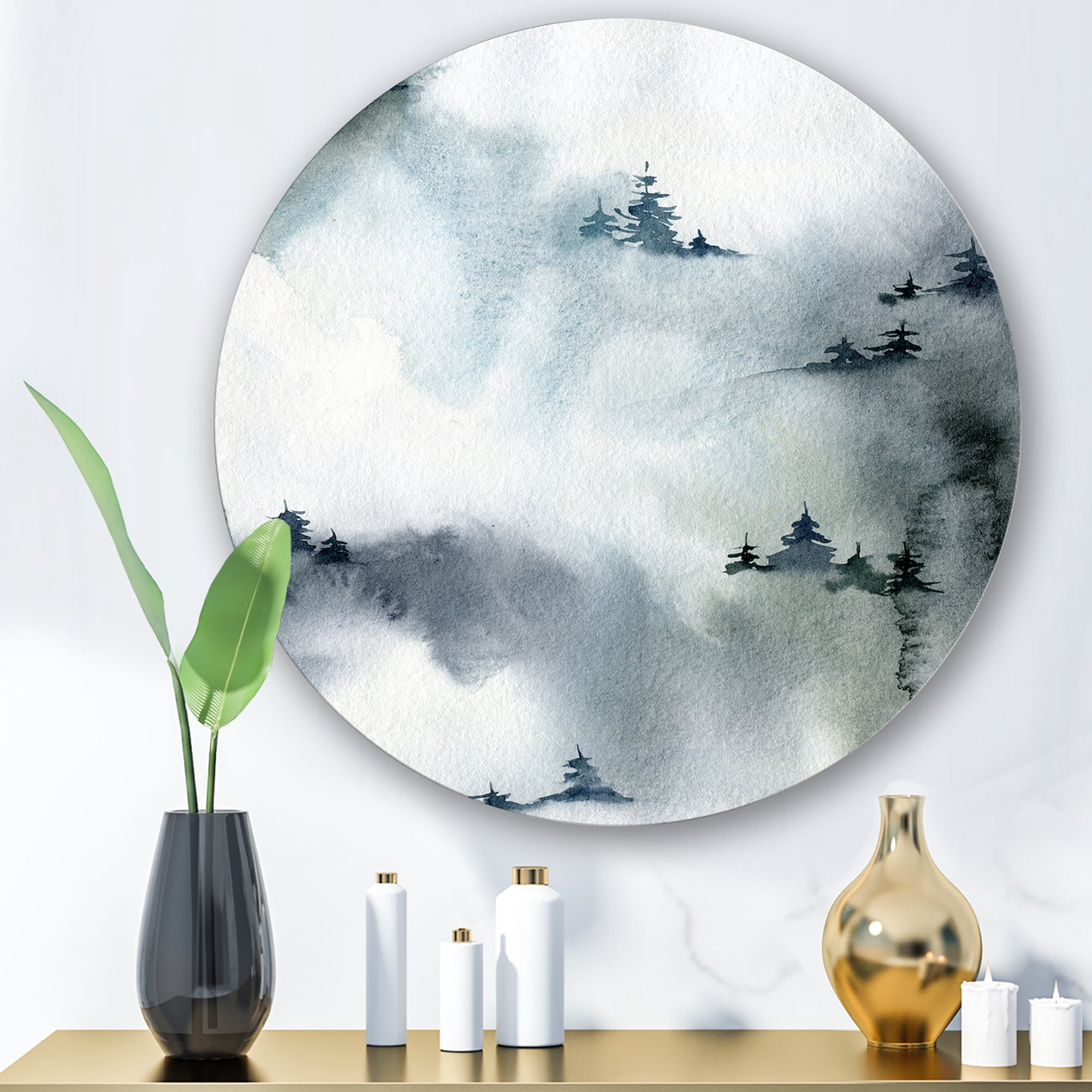 Designart 'Minimalistic Snowy Fir Trees With Winter Forest' Modern Circle Metal Wall Art 23x23 - Disc of 23