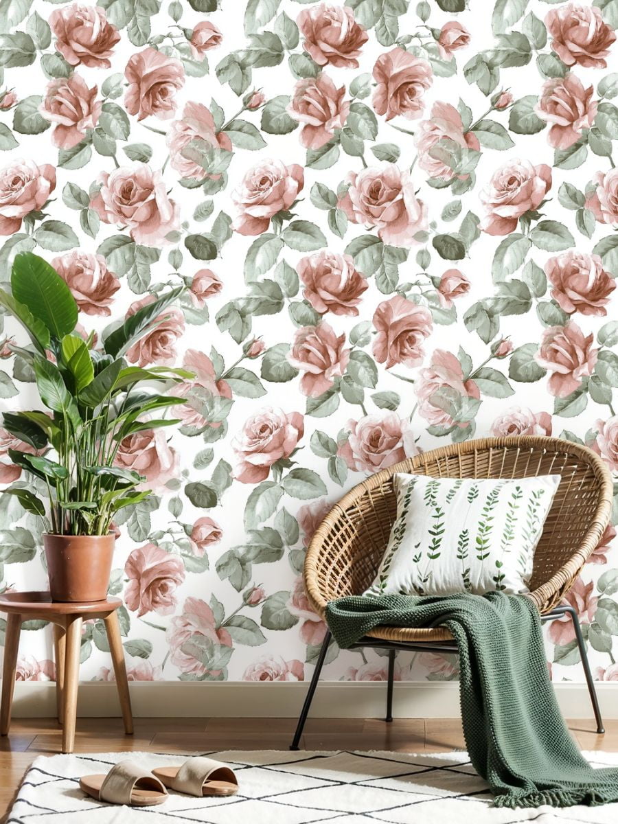 Peel and Stick Wallpaper 23.6in x 9.8ft Soft Pink Roses Green Leaves Floral Contact Paper Vinyl Self-Adhesive Removable Wall Paper for Bedroom DIY Home Decor Renter Friendly