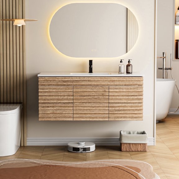 Eclife 48" Wall-Mounted Single Bathroom Vanity with Integrated Sink Top, Soft-Close Doors