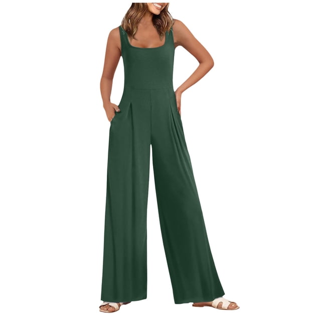 HBFAGFB Jumpsuits for Women Square Neck Ribbed Wide Leg Sleeveless High Waist Pant Rompers AG Size L
