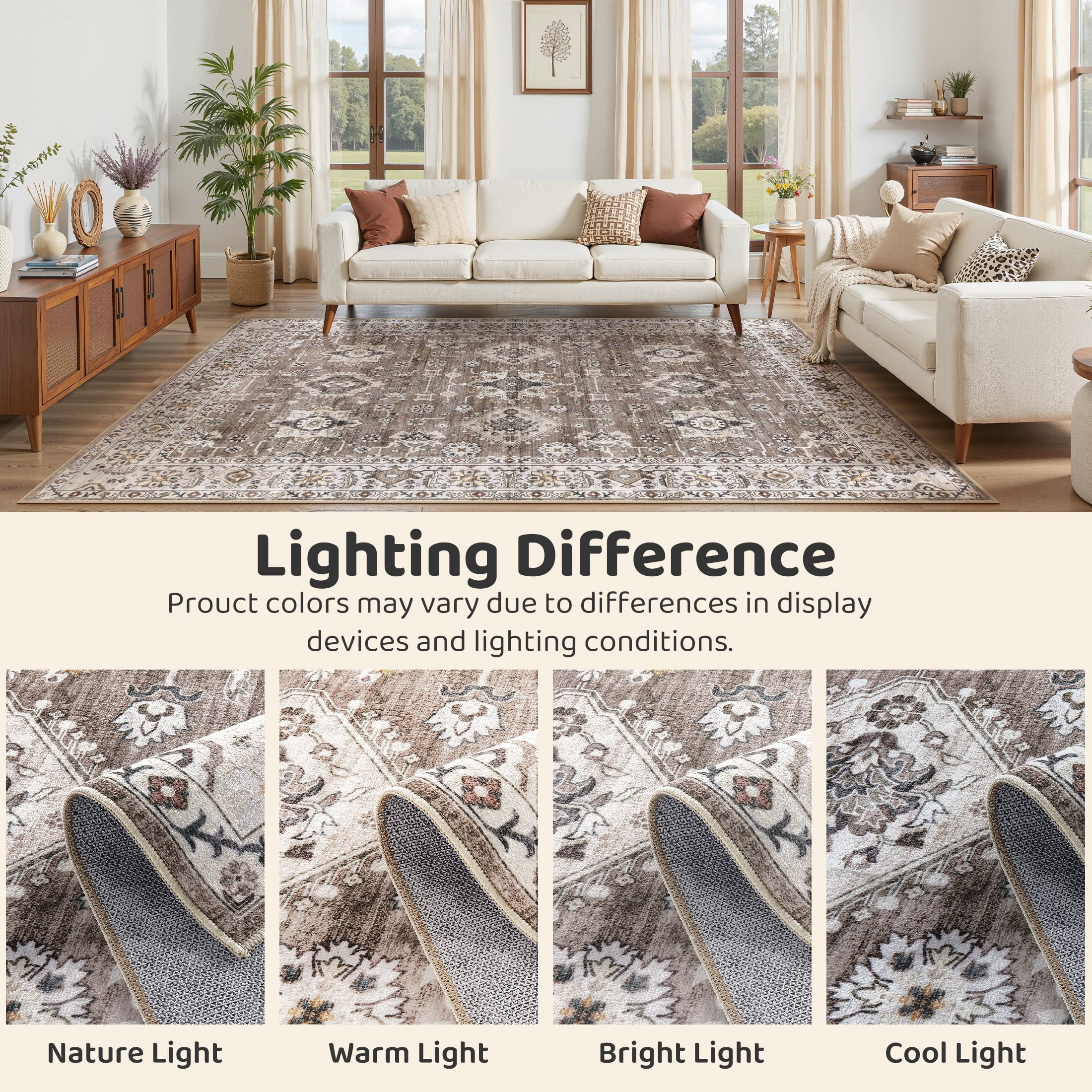 Uermei 10'x14' Large Area Rugs for Living Room: Non-Slip Indoor Carpet, Large Washable Vintage Foldable Rug for Bedroom Dining Room Office - Brown