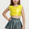 thumbnail image 2 of Virmaxy (3-16y) Girls Solid Color Laser Sequins Shirt Girls Stretchy Performance Wear With Exposed Waist And Navel Short Sleeve Round Neck Tops Gold-3 3 Years, 2 of 4