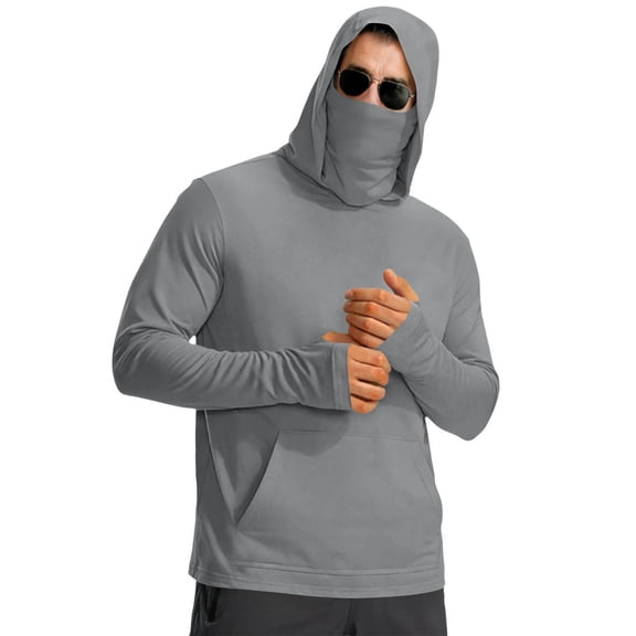 Sun Protection Shirts for Men Long Sleeve Mask Thumb Hole Moisture Wicking Plain Fishing Athletic Hoodie Shirts with Pockets Gray L