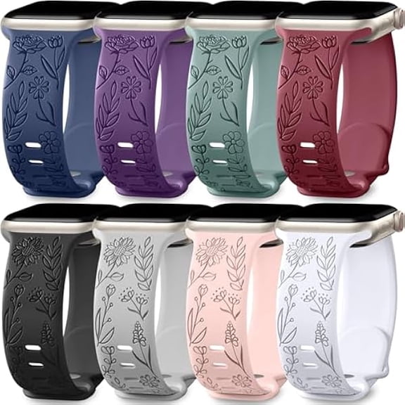 1997 8 Pack Bands for Women Compatible with Apple Watch 41mm iWatch Series 11 10 9 8 7 6 5 4 3 Ultra SE 3 SE 2nd, Soft Silicone Floral Engraved Dressy Wrist Straps