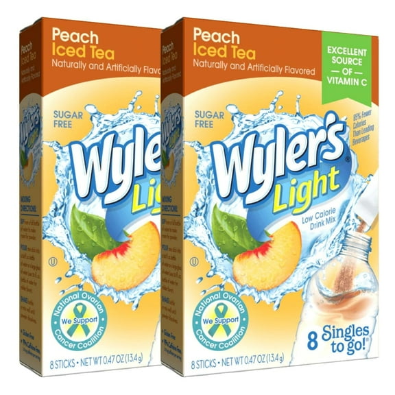 Wyler's Light Peach Iced Tea Singles To Go Water Drink Mix, Sugar-Free Low-Calorie Water Enhancer Powder Sticks Beverages 4 Boxes - 8 Sachet per Box - 32 Total Servings