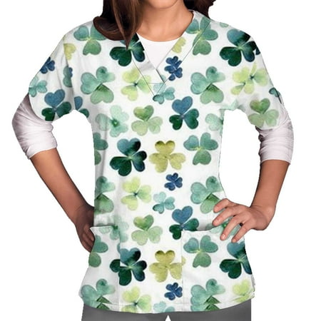 

PEONAVET St. Patrick s Day Scrub Tops Women s Short Sleeved V-neck Shirt Saint Patrick Printed with Pocket Protector - Savings Clearance