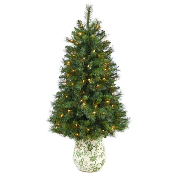4.5ft. West Virginia Mountain Pine Artificial Christmas Tree with 100 Clear Lights and 322 Bendable Branches in Floral Print Planter