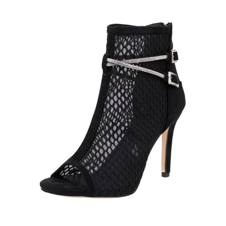 

SEMIMAY Ladies Fashion Solid Color Mesh Suede Splicing Rhinestone Belt Buckle Open Toe Back Zipper Thin High Heels Sandals