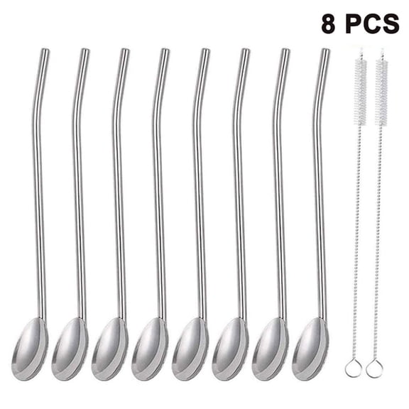 Reusable Stainless Steel Drinking Straw Spoon Set, 8-Piece Metal Straw and Spoon Combo for Cocktails and Lattes