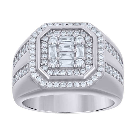 925 Sterling Silver Mens Baguette Round Cubic-Zirconia Octagon Head Fashion Ring Size 7