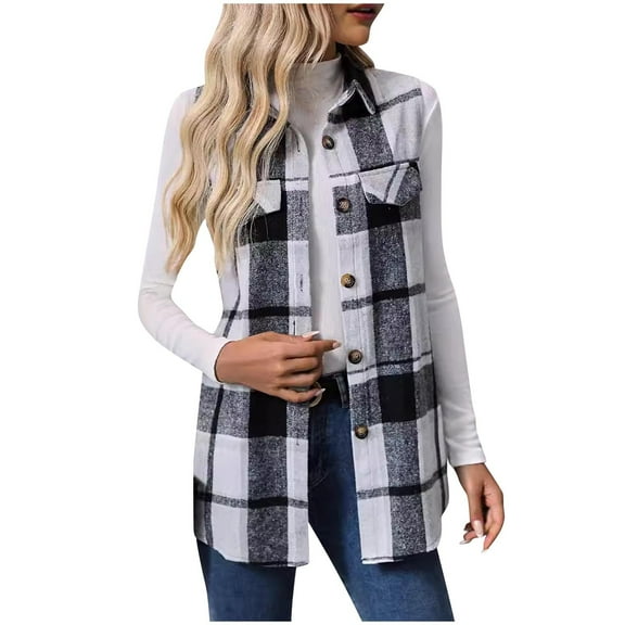 Women's Flannel Plaid Vest Button Down Sleeveless Shacket Jacket with Pockets Winter Lapel Long Outerwear Vest (Gray S)