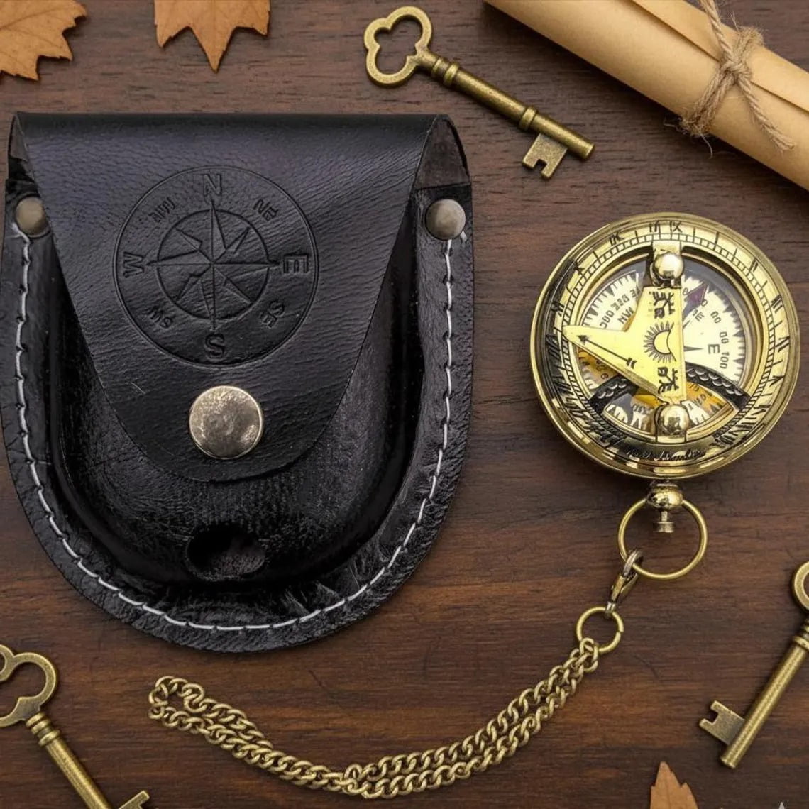 Antique Brass Pocket Compass Vintage Nautical Maritime Gift with Leather Case