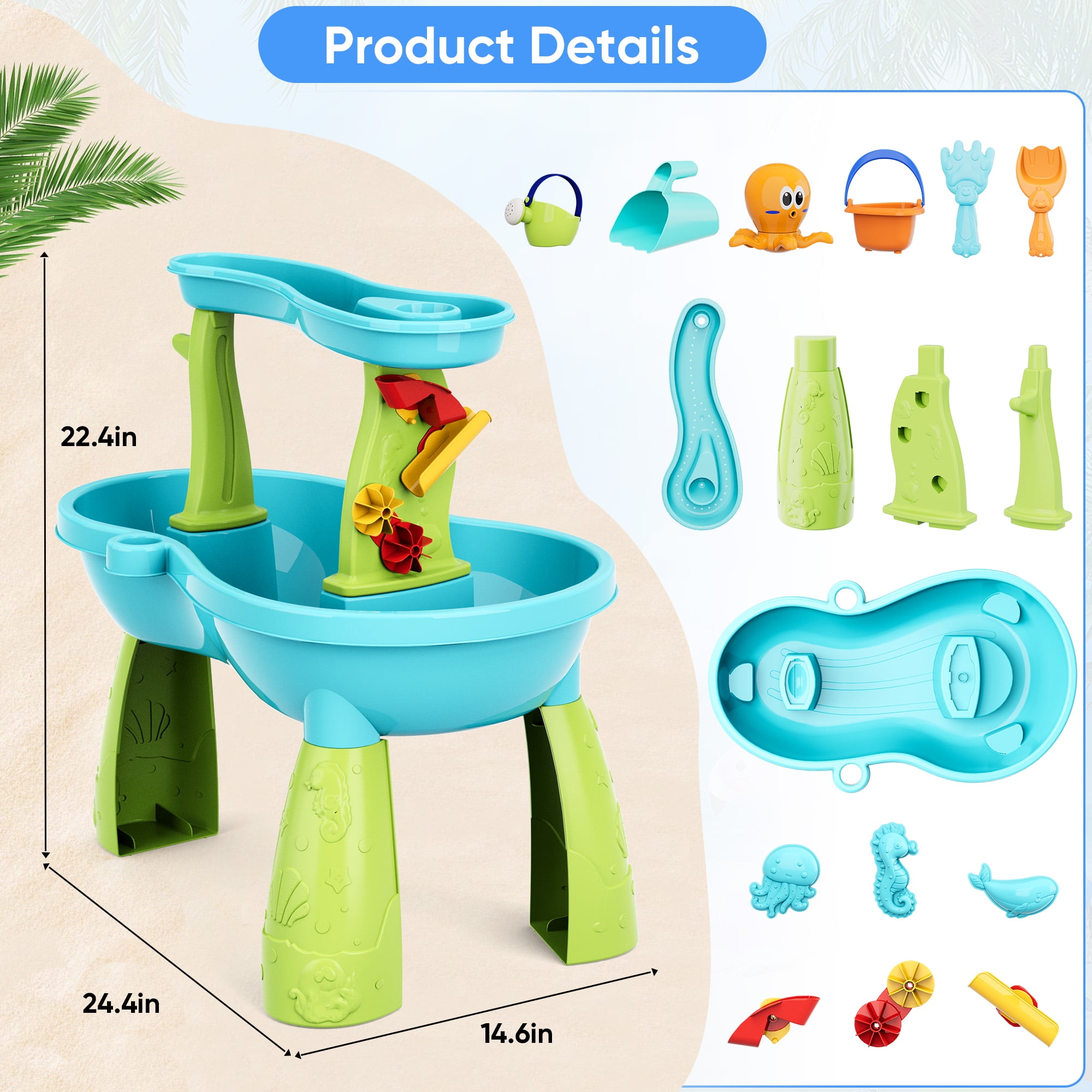 Yexmas Sand Water Table Toys for Toddlers,2-Tier Rain Pond Activity Sensory Play Table Beach Summer Outdoor Toys for Kids Boy Girls